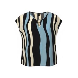 SHEIN Wavy Striped V-Neck Blouse in Black, Cream, and Blue